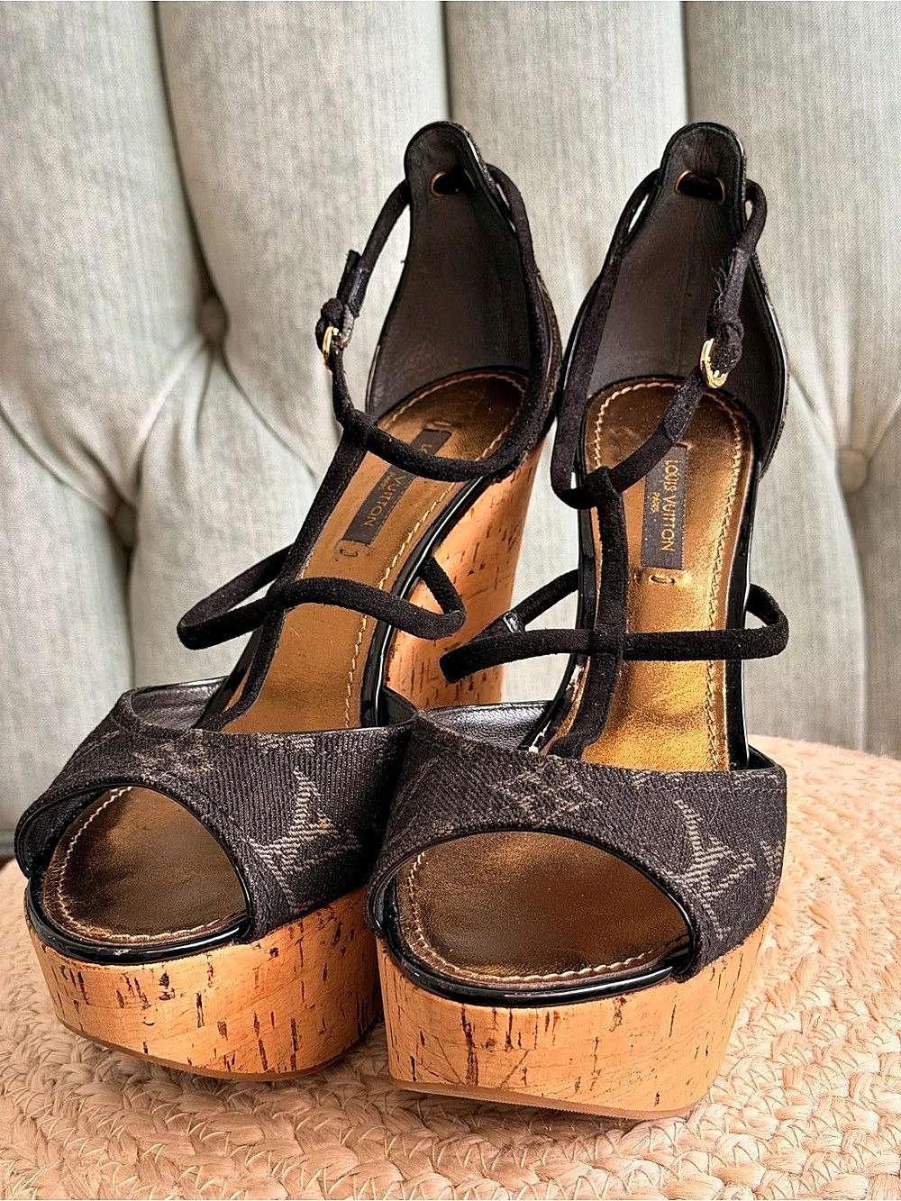 Louis Vuitton Monogram Denim Cork Wedge Sandals Monogram Cork Wedge Sandals in